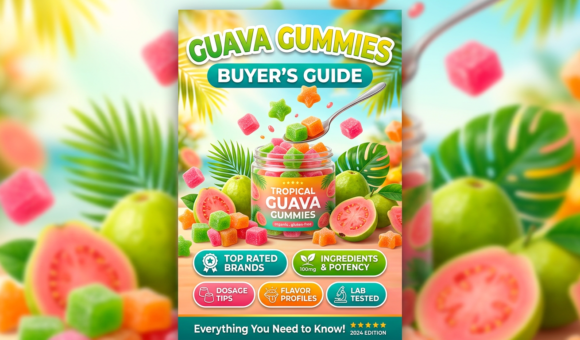 Colorful tropical guava gummies in jar with fresh guavas and buyer’s guide icons