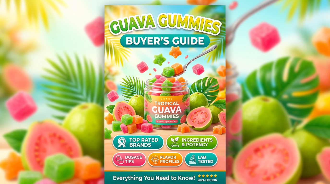 Colorful tropical guava gummies in jar with fresh guavas and buyer’s guide icons