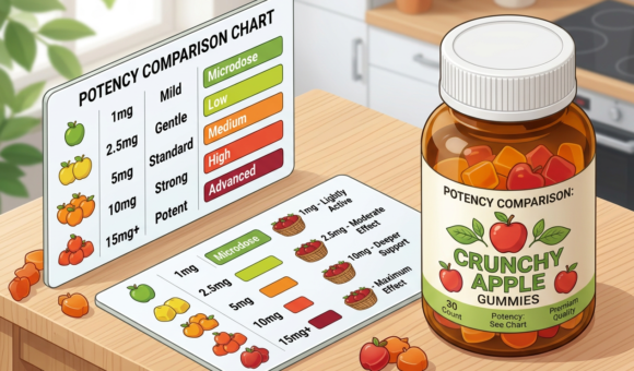 Bottle of Crunchy Apple Gummies with potency comparison charts showing dosage and effect levels