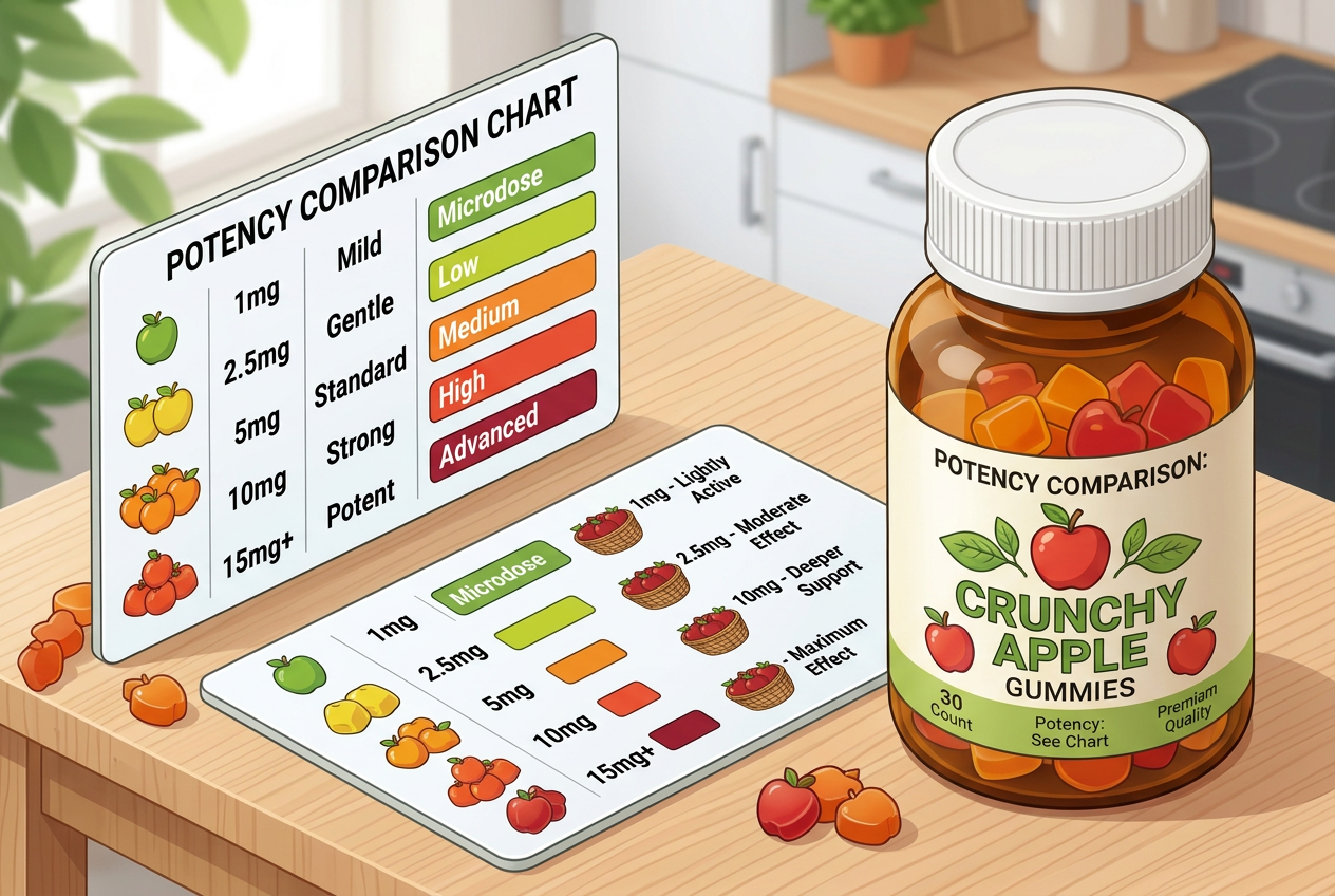 Bottle of Crunchy Apple Gummies with potency comparison charts showing dosage and effect levels