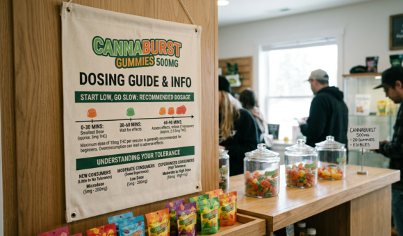Dosing guide for Cannaburst gummies with jars of gummies and customers in background