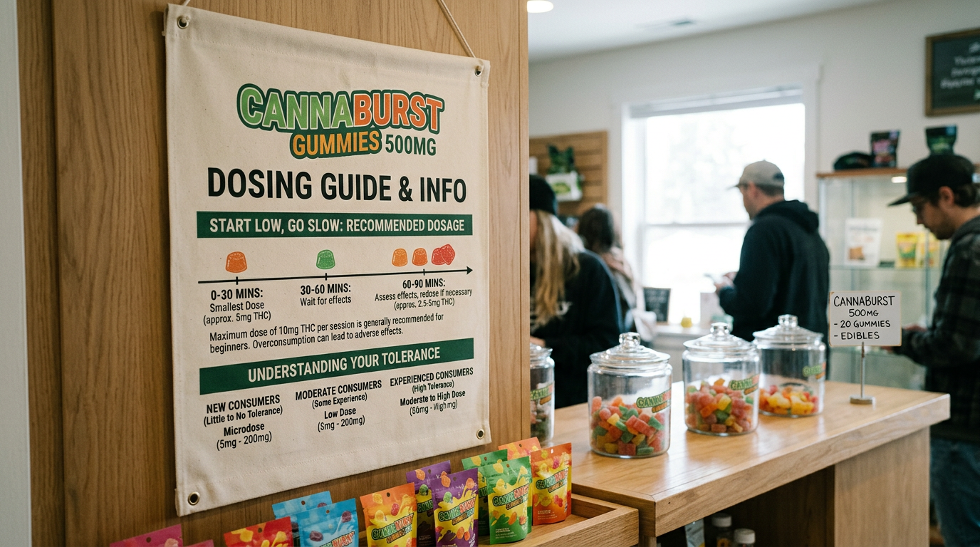 Dosing guide for Cannaburst gummies with jars of gummies and customers in background